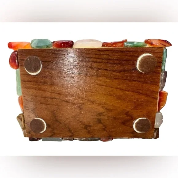 Colored Gemstones on Wooden Trinket Box with A Red Lined Interior Jewelry Box